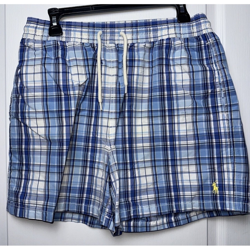 Polo Ralph Lauren Swim Trunks Medium Blue Plaid Lined 5" Shorts Cotton Blend
